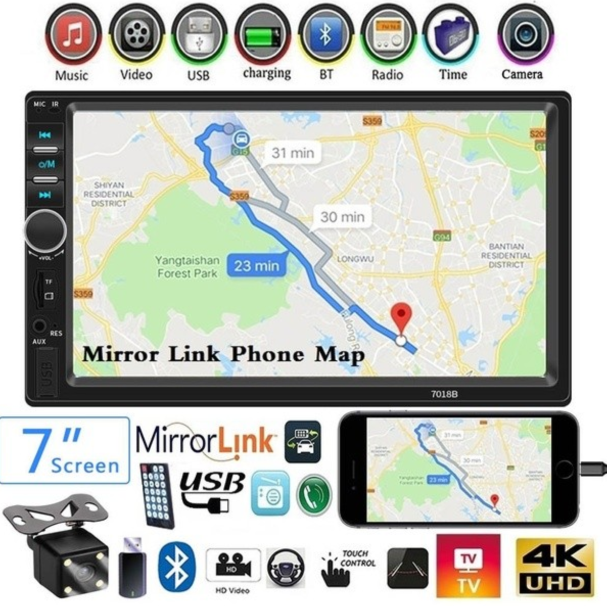 Mp5 Player 7018B + Camera marsarier, Ecran tactil, Bluetooth